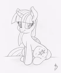 Size: 833x1000 | Tagged: safe, artist:dfectivedvice, derpibooru import, twilight sparkle, twilight sparkle (alicorn), alicorn, pony, female, grayscale, mare, monochrome, simple background, sitting, smiling, solo, traditional art