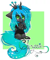 Size: 2063x2497 | Tagged: safe, artist:teranen, derpibooru import, queen chrysalis, anthro, changeling, changeling queen, blushing, chibi, chwisalis, clothes, colored pupils, cute, cutealis, female, floppy ears, heart eyes, :o, solo, t-shirt, wingding eyes, younger