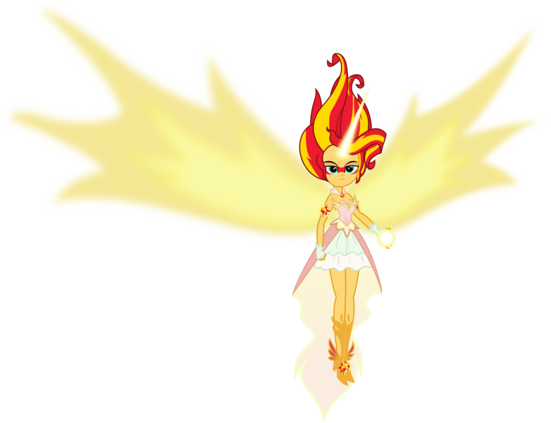 Size: 2219x1703 | Tagged: safe, artist:zeldarondl, derpibooru import, sunset shimmer, equestria girls, friendship games, artificial wings, augmented, clothes, daydream shimmer, dress, high heels, horn, looking at you, magic, magic wings, orb, simple background, skirt, solo, transparent background, vector, wings