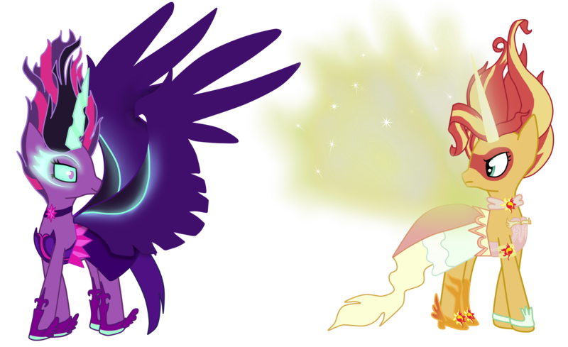 Size: 5400x3300 | Tagged: safe, artist:askshootingstar1234, derpibooru import, sci-twi, sunset shimmer, twilight sparkle, ponified, pony, equestria girls, friendship games, absurd resolution, artificial wings, augmented, clothes, daydream shimmer, dress, duo, equestria girls ponified, glowing eyes, horn, looking at each other, magic, magic wings, midnight sparkle, necklace, older, scene interpretation, wings