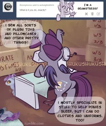 Size: 800x948 | Tagged: safe, artist:1trick, derpibooru import, oc, oc:night stitch, unofficial characters only, bat pony, pony, ask night stitch, ask, box, boxes, butt, plot, plushie, sewing machine, tumblr