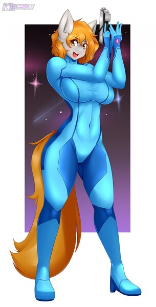 Size: 650x1280 | Tagged: anthro, anthro oc, artist:mleonheart, belly button, big breasts, breasts, cameltoe, derpibooru import, female, gun, metroid, nintendo, oc, plantigrade anthro, questionable, solo, solo female, unofficial characters only, zero suit