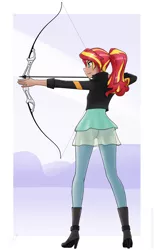 Size: 1536x2496 | Tagged: safe, artist:slackerburst, derpibooru import, sunset shimmer, human, equestria girls, friendship games, aiming, archer, archery, arrow, boots, bow (weapon), bow and arrow, clothes, dark skin, female, humanized, ponytail, shoes, simple background, skirt, solo