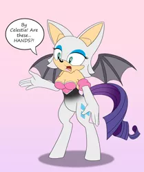 Size: 2735x3274 | Tagged: anthro, artist:foxbeast, body swap, crossover, derpibooru import, dialogue, female, partial body swap, part of a series, part of a set, pony to anthro, rarity, rouge the bat, safe, sega, simple background, solo, sonic the hedgehog (series), species swap, transformation, video game