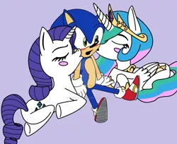 Size: 1024x835 | Tagged: artist:winxsonicfan12, crossover, crossover shipping, derpibooru import, female, interspecies, kissing, male, princess celestia, rarisonic, rarity, safe, shipping, simple background, sonic gets all the mares, soniclestia, sonic the hedgehog, sonic the hedgehog (series), straight