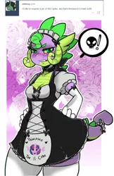 Size: 730x1124 | Tagged: angry, anthro, artist:arnachy, barb, blushing, breasts, busty barb, cleavage, clothes, derpibooru import, dragon, dragoness, dress, evening gloves, fangs, female, french maid, glare, gloves, gritted teeth, heart, horns, looking at you, lusty baby dragon maid, lusty dragon maid, maid, nudity, pictogram, rule 63, sexy, skirt, skull, slit eyes, socks, solo, solo female, speech bubble, spike, stockings, suggestive, thigh highs, thighs, thunder thighs, twilight sparkle, twilight sparkle (alicorn), zettai ryouiki