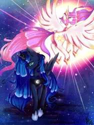 Size: 1024x1365 | Tagged: artist:xkittyblue, derpibooru import, duo, pink-mane celestia, princess celestia, princess luna, safe