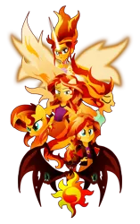 Size: 600x956 | Tagged: safe, artist:ii-art, derpibooru import, sunset shimmer, pony, equestria girls, friendship games, my past is not today, rainbow rocks, cutie mark, daydream shimmer, eyes closed, looking at you, multeity, open mouth, self paradox, simple background, smiling, spread wings, sunset phoenix, sunset satan, this isn't even my final form, transparent background, wings