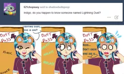 Size: 2280x1362 | Tagged: safe, artist:pandanx12, derpibooru import, indigo zap, lightning dust, ask the shadowbolts, equestria girls, friendship games, comic, dialogue, door, kidnapped, looking at you, nervous, running makeup, sweat, wink