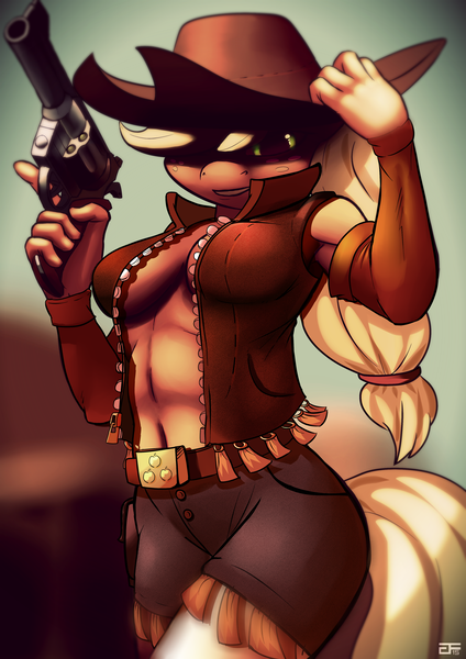 Size: 2893x4092 | Tagged: abs, absurd resolution, anthro, applejack, applejacked, armpits, artist:greenfireartist, breasts, busty applejack, cleavage, cowgirl, derpibooru import, female, gun, muscles, nudity, open jacket, revolver, solo, solo female, suggestive, trigger discipline