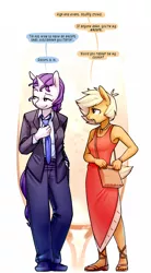 Size: 884x1600 | Tagged: safe, artist:siden, derpibooru import, applejack, rarity, oc, oc:ivory, oc:sparkling cider, anthro, plantigrade anthro, alternate universe, armpits, business suit, clothes, dialogue, dress, feet, female, lesbian, masculine mare, necklace, necktie, purse, rarijack, role reversal, sandals, shipping, suit, ultimare universe, watch