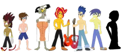 Size: 1280x526 | Tagged: safe, artist:urhangrzerg, derpibooru import, comet tail, discord, flash sentry, sunset shimmer, equestria girls, bare chest, clothes, crossover, equestria girls-ified, mr. game & watch, peter parker, rule 63, sega, shadow the hedgehog, simple background, sonic the hedgehog, sonic the hedgehog (series), spider-man, sunset glare, topless, transparent background, unknown creature