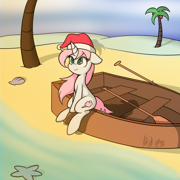 Size: 1280x1280 | Tagged: artist:lightningnickel, beach, boat, derpibooru import, hat, oc, oc:cotton candy, safe, solo, unofficial characters only