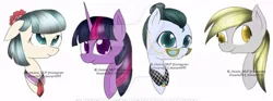 Size: 800x296 | Tagged: safe, artist:khearts29, derpibooru import, cloudy quartz, coco pommel, derpy hooves, twilight sparkle, alicorn, earth pony, pegasus, pony, female, mare, quartet