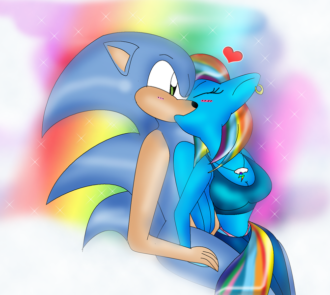 Size: 1699x1517 | Tagged: anthro, artist:odiz, crossover, crossover shipping, derpibooru import, female, heart, interspecies, kissing, male, rainbow dash, safe, shipping, sonicdash, sonic the hedgehog, sonic the hedgehog (series), straight