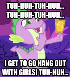 Size: 277x302 | Tagged: caption, derpibooru import, dragon, edit, edited screencap, gala ticket, grand galloping gala, image macro, implied shipping, implied straight, laughing, male, meme, open mouth, safe, screencap, solo, spike, text, the ticket master, ticket