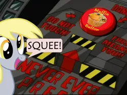 Size: 640x480 | Tagged: safe, derpibooru import, derpy hooves, pegasus, pony, big red button, crossover, female, mare, megas xlr, muffin, muffin button, open mouth, smiling, squee, team four star, xk-class end-of-the-world scenario