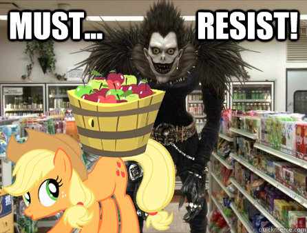 Size: 446x338 | Tagged: safe, derpibooru import, applejack, pony, apple, barrel, crossover, death note, food, irl, photo, ponies in real life, ryuk, shinigami, supermarket