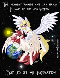 Size: 720x937 | Tagged: safe, artist:texasuberalles, derpibooru import, oc, oc:bonniecorn, oc:fausticorn, unofficial characters only, pony, all-mother of creation, bonnie zacherle, creation, earth, giant pony, goddess, lauren faust, macro, moon, pony bigger than a planet, stars, sun, tangible heavenly object