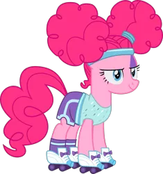 Size: 2566x2733 | Tagged: alternate hairstyle, artist:timelordomega, clothes, costume, derpibooru import, face paint, headband, nightmare night, nightmare night costume, pinkie pie, pinkie puffs, roller skates, safe, scare master, shorts, simple background, solo, transparent background, vector