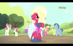 Size: 1280x800 | Tagged: safe, derpibooru import, screencap, big macintosh, blues, cherry berry, noteworthy, rainberry, rainbow stars, sunshower raindrops, earth pony, pony, brotherhooves social, bloomers, clothes, costume, crossdressing, male, not sure if want, orchard blossom, stallion, wat