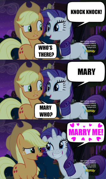 Size: 1280x2162 | Tagged: safe, derpibooru import, edit, edited screencap, screencap, applejack, rarity, pony, unicorn, made in manehattan, comic, discovery family logo, exploitable meme, female, image macro, joke, knock knock joke, lesbian, mare, marriage proposal, meme, rarijack, rarity's bad pickup lines, screencap comic, screenshot comic, shipping