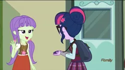 Size: 1364x768 | Tagged: safe, derpibooru import, screencap, sci-twi, starlight, twilight sparkle, equestria girls, friendship games, background human, canterlot high, discovery family logo, duo, duo female, female, magic capture device