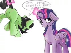 Size: 1600x1200 | Tagged: safe, artist:compound lift, artist:compoundlift, derpibooru import, twilight sparkle, twilight sparkle (alicorn), oc, oc:anonfilly, alicorn, earth pony, pony, /mlp/, age regression, angry, annoyed, censored vulgarity, dialogue, dock, featureless crotch, female, glowing horn, grawlixes, implied transformation, implied transgender transformation, levitation, magic, mare, speech bubble, suspended, swearing, tail, tail pull, telekinesis, transformation, upside down