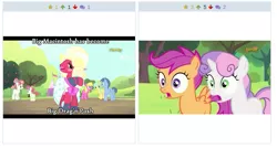 Size: 525x281 | Tagged: safe, derpibooru import, screencap, big macintosh, blues, cherry berry, noteworthy, rainberry, rainbow stars, scootaloo, sunshower raindrops, sweetie belle, earth pony, pony, derpibooru, brotherhooves social, drag queen, exploitable meme, juxtaposition, juxtaposition win, male, meme, meta, orchard blossom, reaction, shocked, stallion