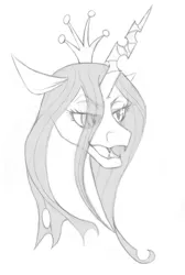 Size: 2120x3162 | Tagged: artist:nomdecheval, changeling, changeling queen, derpibooru import, female, grayscale, monochrome, queen chrysalis, safe, solo, source needed, useless source url