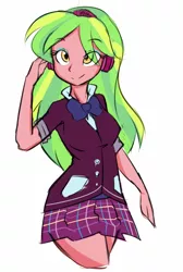 Size: 538x800 | Tagged: safe, artist:jovalic, derpibooru import, lemon zest, equestria girls, friendship games, bowtie, clothes, cute, female, headphones, looking at you, school uniform, simple background, skirt, smiling, solo, white background, zestabetes