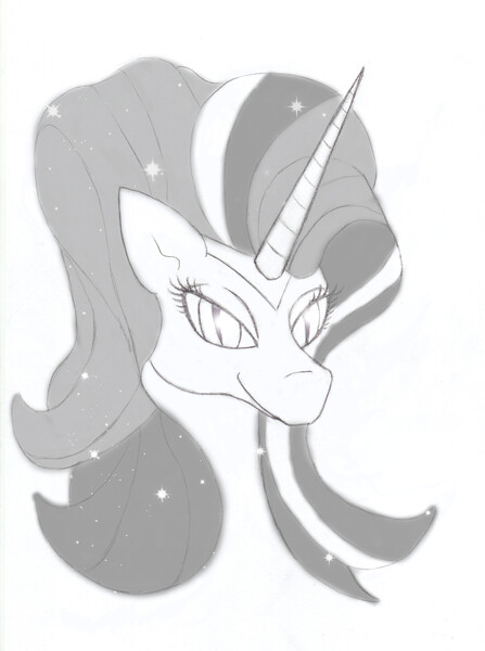 Size: 2360x3168 | Tagged: safe, artist:nomdecheval, derpibooru import, nightmare rarity, rarity, grayscale, monochrome, solo