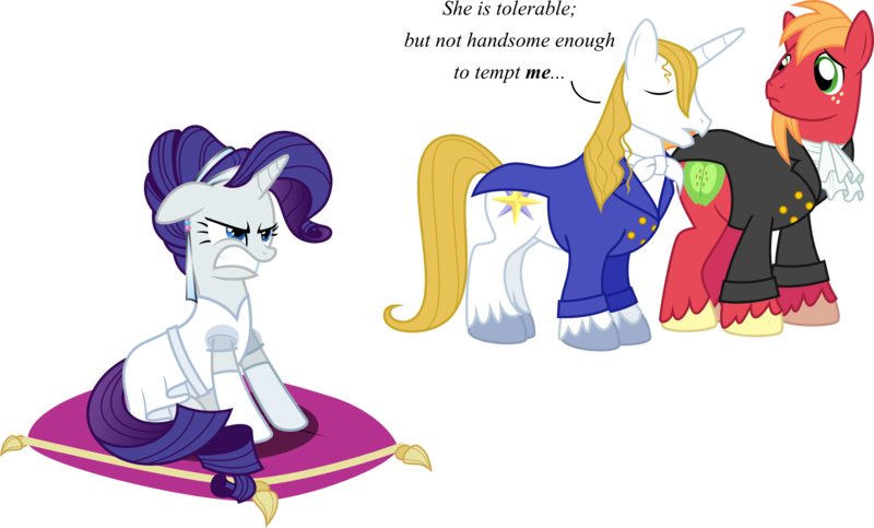 Size: 3702x2235 | Tagged: safe, artist:kaylathehedgehog, derpibooru import, big macintosh, prince blueblood, rarity, earth pony, pony, male, pride and prejudice, stallion