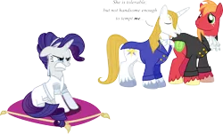 Size: 3702x2235 | Tagged: safe, artist:kaylathehedgehog, derpibooru import, big macintosh, prince blueblood, rarity, earth pony, pony, male, pride and prejudice, stallion