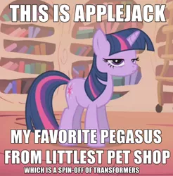 Size: 411x417 | Tagged: safe, derpibooru import, screencap, applejack, twilight sparkle, unicorn, boast busters, blatant lies, caption, cowboy bebop at his computer, image macro, littlest pet shop, meme, op is on drugs, solo, transformers, troll quote, twilight is not amused, unamused, unicorn twilight, wat, wrong