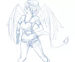 Size: 1280x1067 | Tagged: safe, artist:wouhlven, derpibooru import, oc, oc:ginger feathershy, unofficial characters only, anthro, gryphon, beret, clothes, cosplay, costume, jill valentine, monochrome, resident evil, solo, weapon