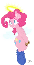 Size: 650x1230 | Tagged: angel, angelic wings, artist:dfectivedvice, artist:midnightblitzz, chest fluff, colored, color edit, cookie, cute, derpibooru import, ear fluff, eyelashes, fluffy, grin, halo, hoof hold, pinkie pie, safe, semi-anthro, simple background, smiling, solo, transparent background, vector