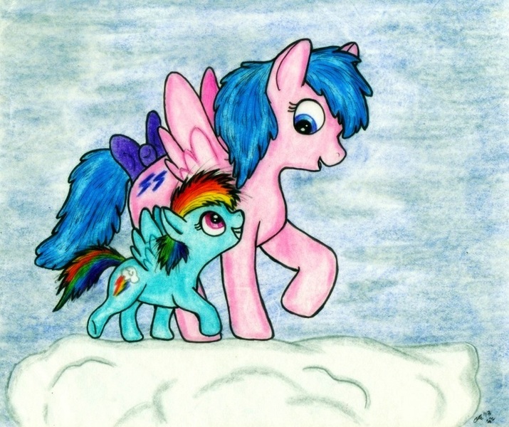 Size: 800x671 | Tagged: safe, artist:wahyawolf, derpibooru import, firefly, rainbow dash, pegasus, pony, colored pencil drawing, duo, female, filly, firefly as rainbow dash's mom, foal, g1, g1 to g4, g4, generation leap, mare, mother and child, mother and daughter, traditional art, younger