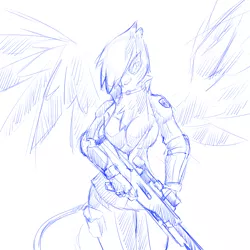 Size: 1280x1280 | Tagged: safe, artist:cladz, derpibooru import, oc, oc:ginger feathershy, unofficial characters only, anthro, gryphon, breasts, cleavage, clothes, cosplay, costume, female, foxhound, gun, hooves, jumpsuit, konami, metal gear, metal gear solid, monochrome, optical sight, rifle, simple background, sniper rifle, sniper wolf, solo, weapon, white background, wings