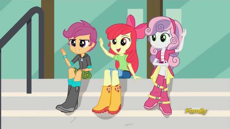 Size: 1280x720 | Tagged: safe, derpibooru import, screencap, apple bloom, scootaloo, sweetie belle, equestria girls, friendship games, boots, clothes, cute, cutie mark crusaders, grin, open mouth, shorts, sitting, smiling, smirk, waving