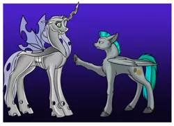Size: 700x509 | Tagged: safe, artist:foxenawolf, derpibooru import, changeling queen oc, oc, oc:free agent, oc:whirring cogs, unofficial characters only, changeling, changeling queen, pegasus, pony, fanfic:a different perspective, fanfic art, female, green eyes, raised hoof, unshorn fetlocks, white changeling