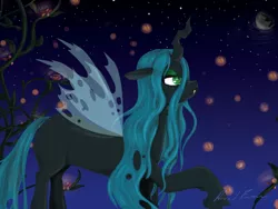 Size: 864x648 | Tagged: safe, artist:moonkitty, derpibooru import, queen chrysalis, changeling, changeling queen, firefly (insect), female, mare in the moon, moon, solo, vine