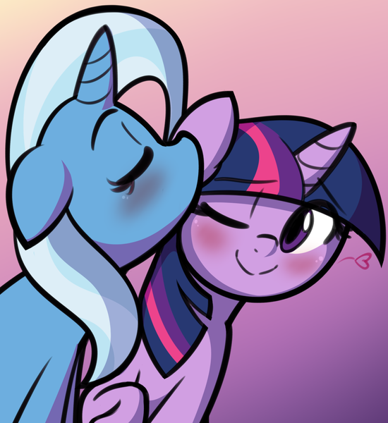 Size: 1280x1397 | Tagged: safe, artist:furrgroup, derpibooru import, trixie, twilight sparkle, twilight sparkle (alicorn), alicorn, pony, unicorn, blushing, c:, cute, diatrixes, eyes closed, female, floppy ears, gradient background, heart, kissing, lesbian, mare, nuzzling, pink background, purple background, raised hoof, shipping, simple background, smiling, twiabetes, twixie, wink