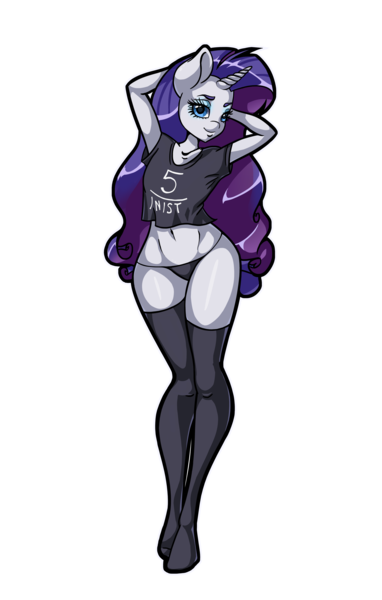 Size: 4092x6427 | Tagged: suggestive, artist:pitchyy, derpibooru import, rarity, anthro, unguligrade anthro, unicorn, absurd resolution, arm behind head, belly button, black underwear, clothes, female, mare, midriff, panties, shirt, simple background, socks, solo, solo female, thigh highs, transparent background, underwear