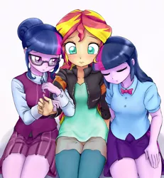 Size: 1909x2064 | Tagged: safe, artist:ryou14, derpibooru import, sci-twi, sunset shimmer, twilight sparkle, twilight sparkle (alicorn), equestria girls, friendship games, bowtie, clothes, counterparts, crystal prep academy, crystal prep academy uniform, crystal prep shadowbolts, cute, eyes closed, female, glasses, leather jacket, lesbian, magical trio, ot3, pleated skirt, polyamory, school uniform, scitwishimmer, shipping, skirt, sunset twiangle, sunsetsparkle, trio, twilight's counterparts, twolight