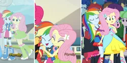 Size: 1200x600 | Tagged: safe, derpibooru import, screencap, fluttershy, rainbow dash, equestria girls, friendship games, rainbow rocks, boots, discovery family logo, fall formal outfits, high heel boots, hug, medal, rainbow, shipping fuel, smiling