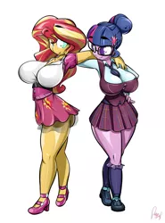 Size: 1034x1400 | Tagged: suggestive, artist:sanders, derpibooru import, sci-twi, sunset shimmer, twilight sparkle, equestria girls, big breasts, breasts, busty sunset shimmer, busty twilight sparkle, crystal prep academy, female, glasses, high heels, huge breasts, nudity, questionable source, sideass