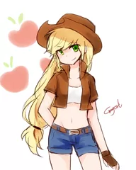 Size: 900x1125 | Tagged: applejack, artist:r-1629, belly button, clothes, daisy dukes, derpibooru import, fingerless gloves, gloves, human, humanized, jacket, midriff, pixiv, safe, solo, tanktop