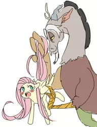 Size: 500x655 | Tagged: safe, artist:mugijiru, derpibooru import, discord, fluttershy, blushing, discoshy, female, male, oekaki, shipping, straight, tail hold, tail pull