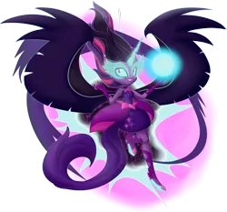 Size: 1600x1493 | Tagged: safe, artist:piichu-pi, derpibooru import, sci-twi, twilight sparkle, equestria girls, friendship games, bare shoulders, choker, female, horn, looking at you, magic, midnight sparkle, simple background, smiling, solo, transparent background, wings